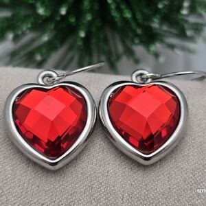 ✨2/$10✨ Heart-Shaped Drop Earrings Silver Tone Ruby Red Austrian Crystals